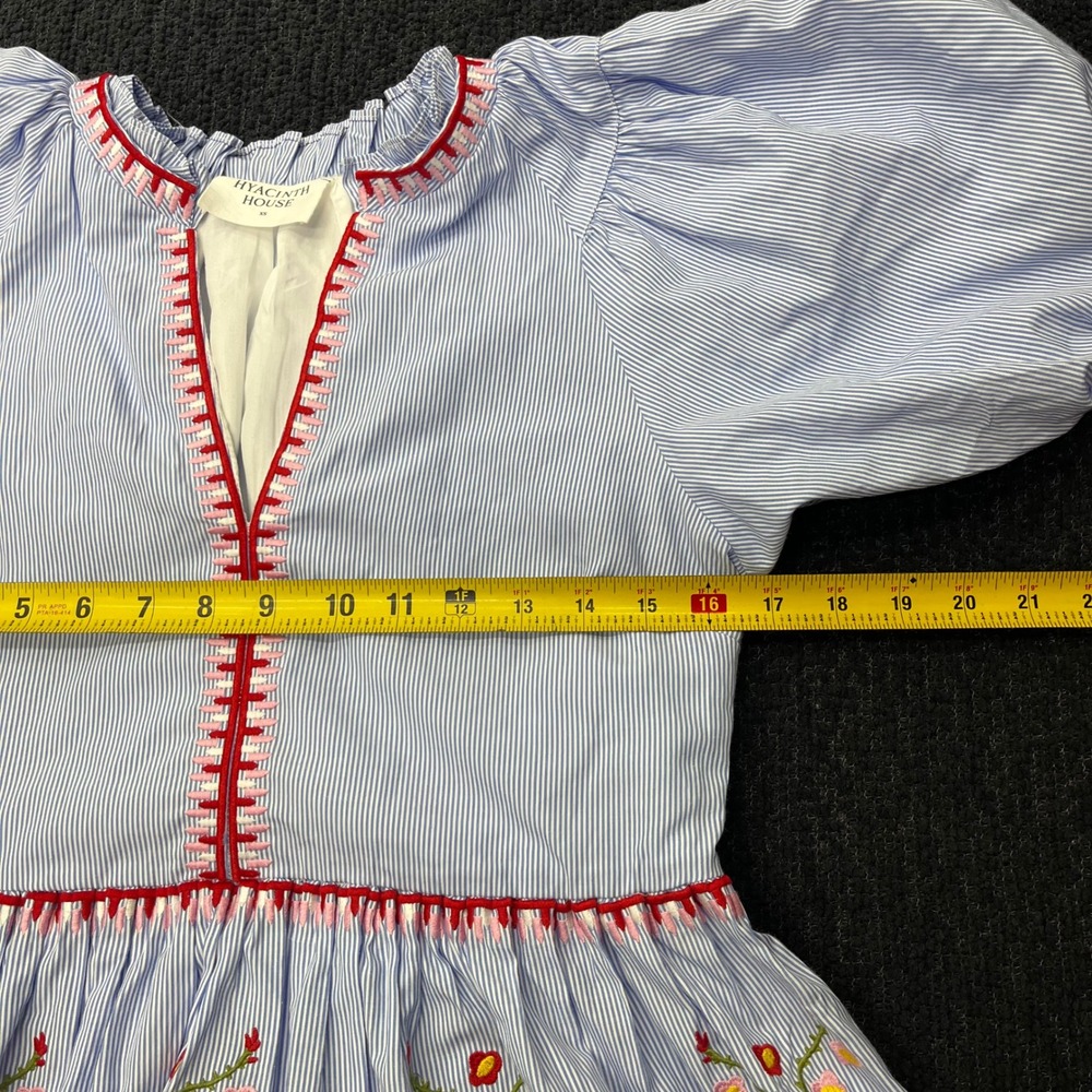 Hyacinth House Blue White Striped Embroidered Tiered Puff Sleeve Mini Dress XS - Picture 6 of 7
